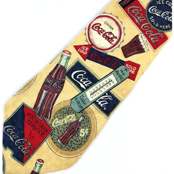Coca-Cola Men's Neck tie Silk Tan Coke bottles Novelty print Made in USA - Picture 1 of 7